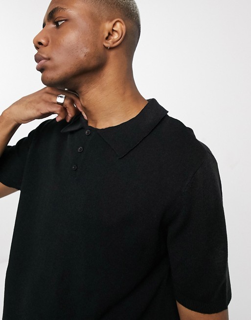 boohooMAN short sleeve knitted polo in black