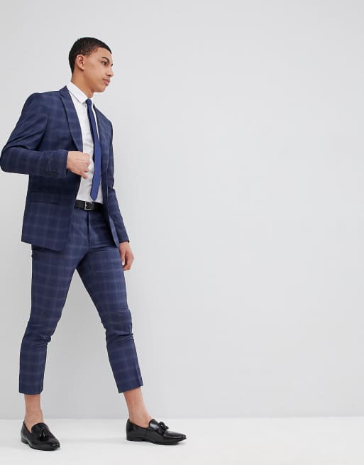 boohooMAN Skinny Fit Cropped Suit Pants In Navy Check