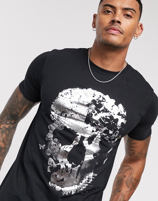 boohooMAN skull foil print t-shirt in black