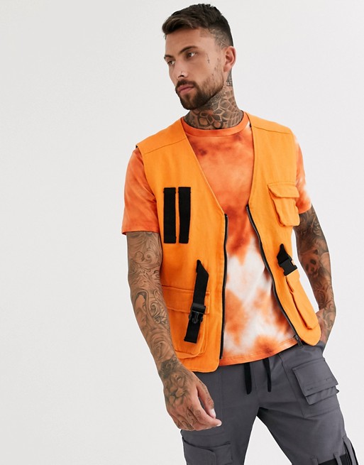 boohooMAN sleeveless denim utility vest in orange