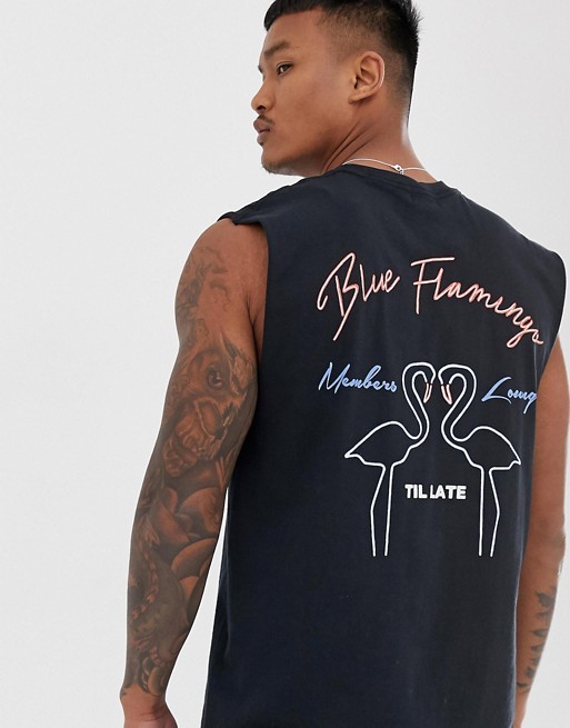boohooMAN sleeveless tank with flamingo back print in black