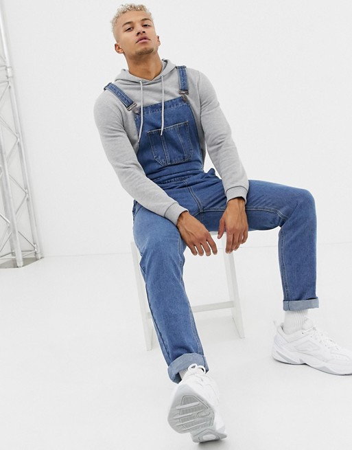 boohooMAN slim fit dungarees in mid wash blue