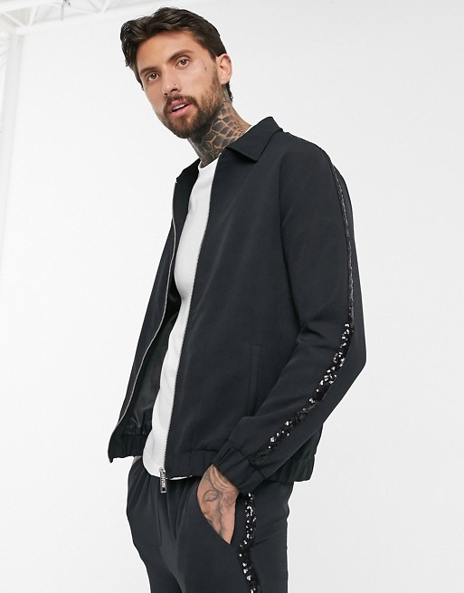 boohooMAN smart bomber jacket with glitter taping in black
