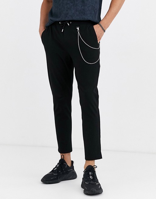 boohooMAN smart jogger with chain detail in black