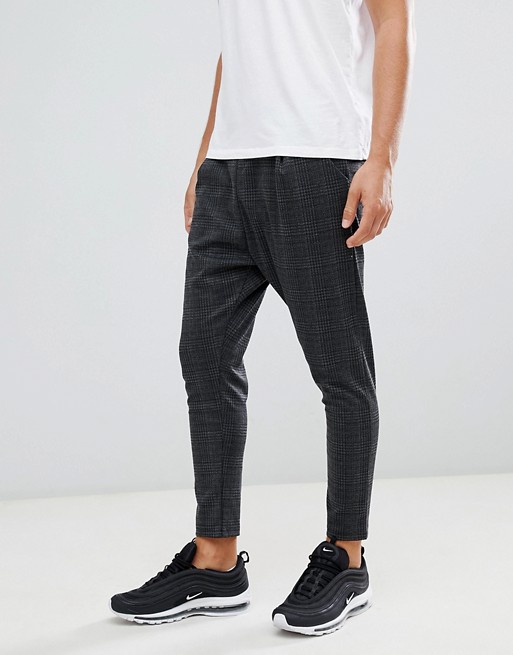 boohooMAN smart pants with drawstring waist in grey check | ASOS