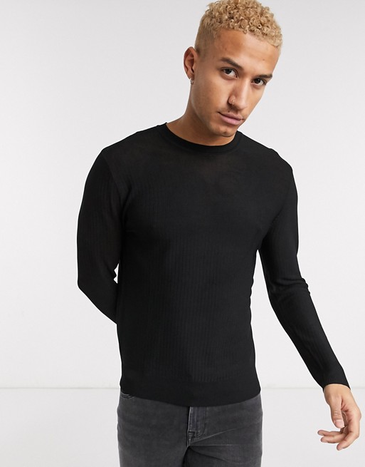 boohooMAN stand neck ribbed knitted jumper in black