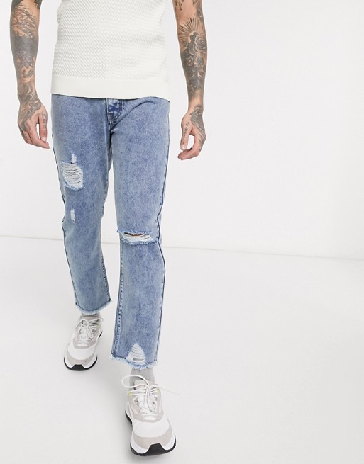 boohooMAN straight leg distressed jeans in blue