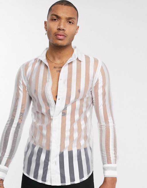 boohooMAN stripe sheer long sleeve shirt in white