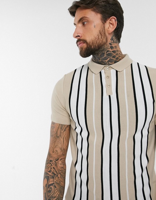 boohooMAN striped knitted polo in beige