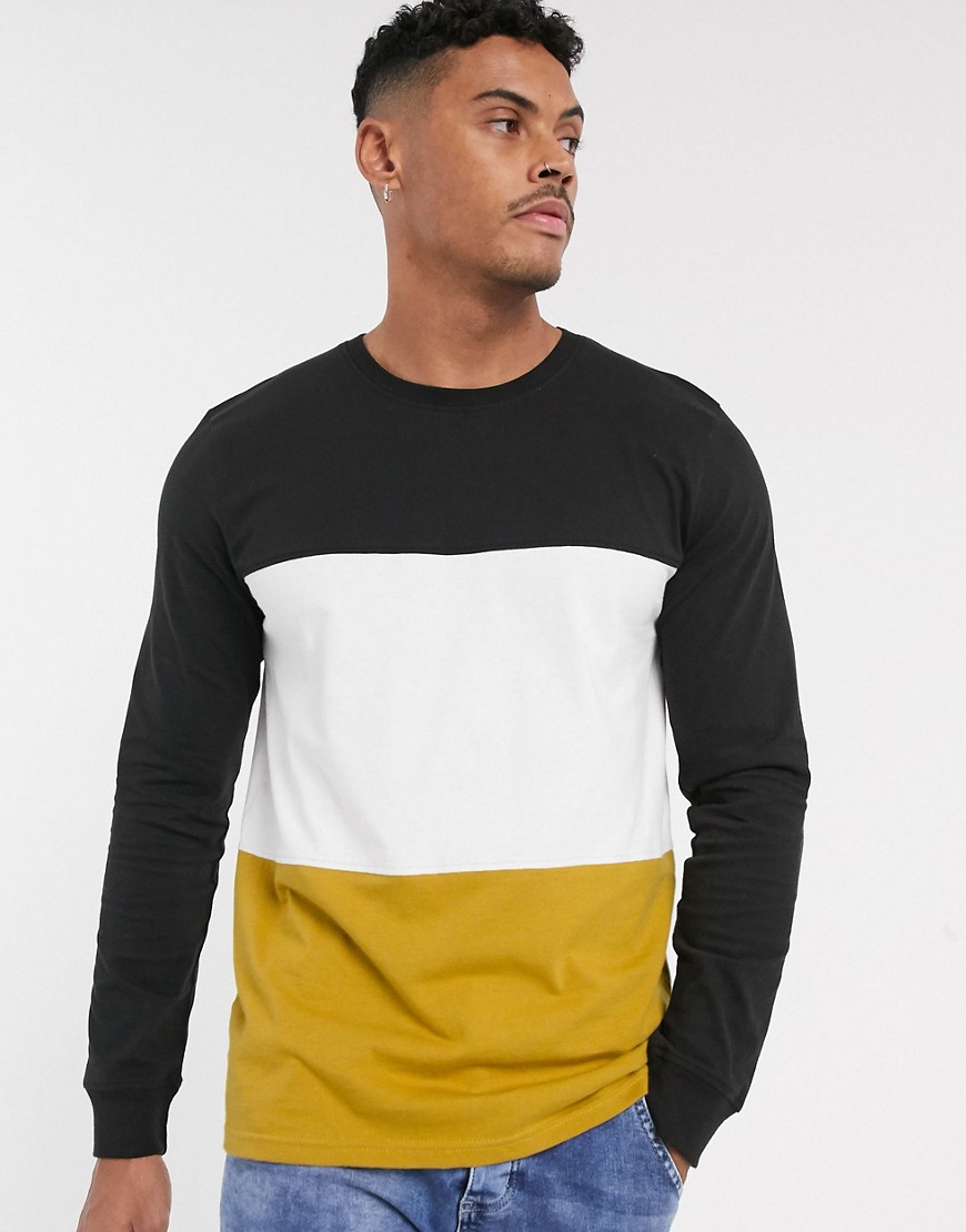 BoohooMAN - T-shirt a maniche lunghe gialla color block-Giallo