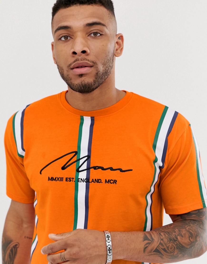 BoohooMAN - T-shirt arancione a righe verticali con ricami