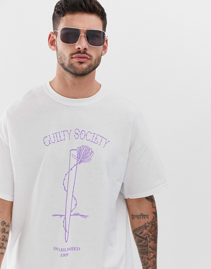BoohooMAN - T-shirt bianca oversize con stampa Guilty society-Bianco