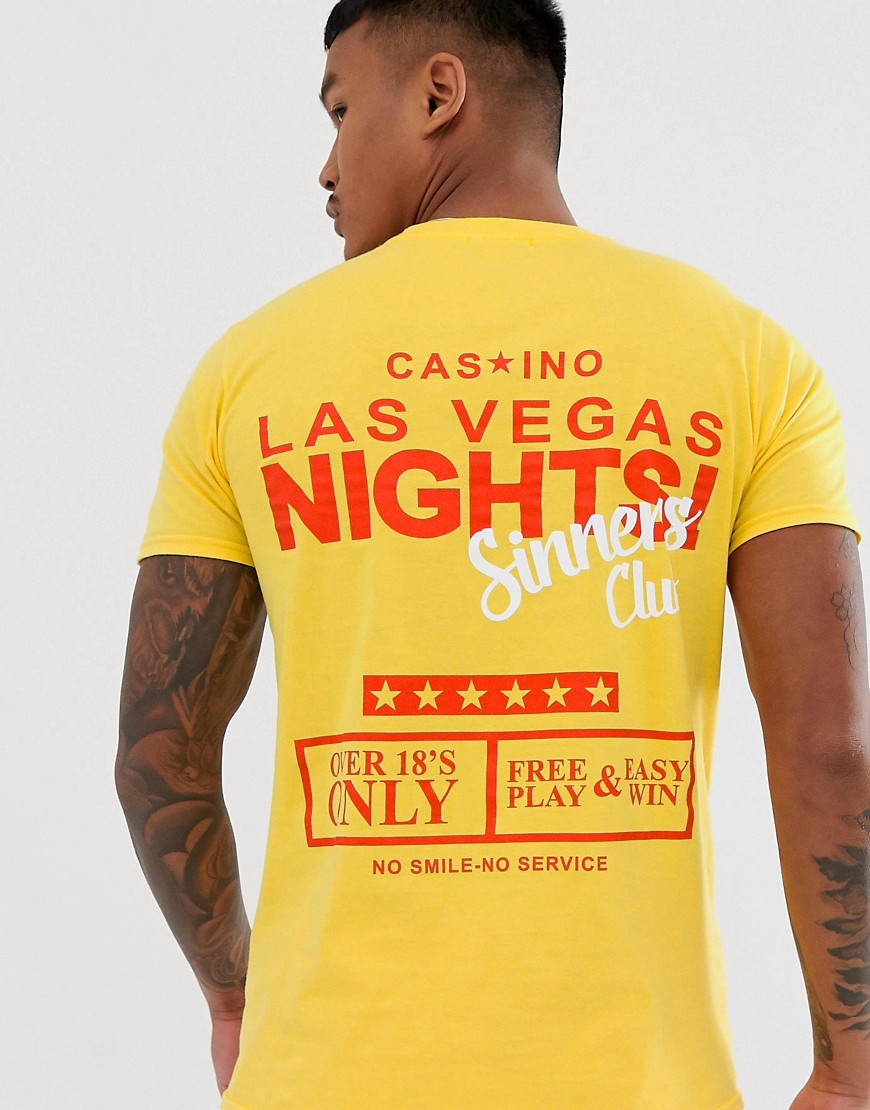 BoohooMAN - T-shirt gialla con stampa Las Vegas sul retro-Giallo