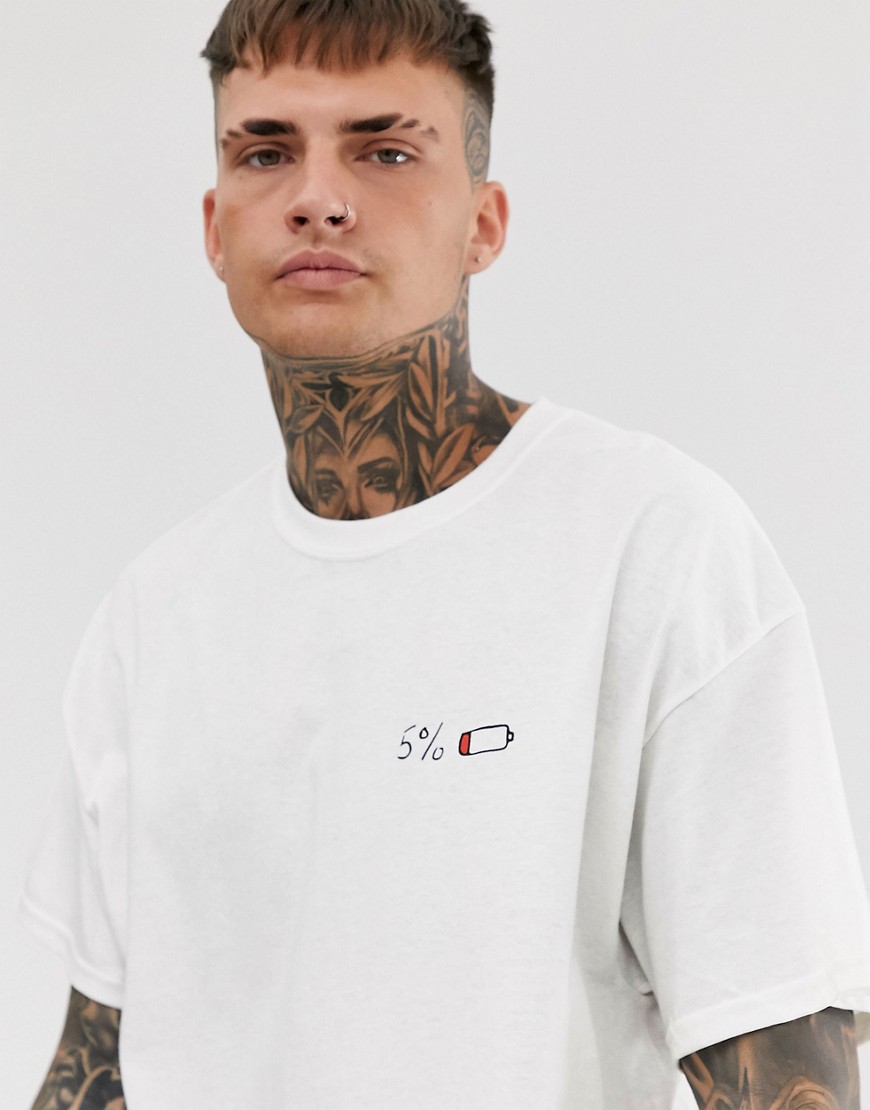 boohooMAN - T-shirt oversize bianca con scritta Low Battery sul retro-Bianco