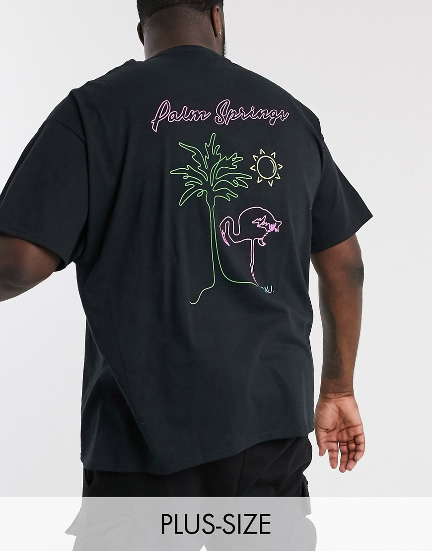 boohooMAN - T-shirt oversize nera con fenicottero e scritta Palm Springs sul davanti e sul retro-Nero