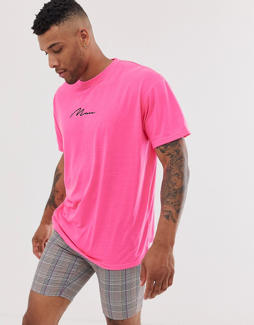 BoohooMAN - T-shirt oversize rosa fluo con scritta man