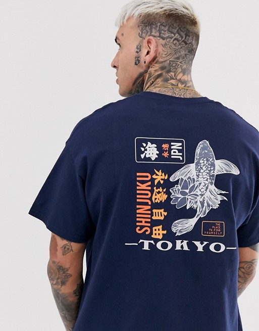 boohooMAN Tokyo front and back oversized print t-shirt in blue