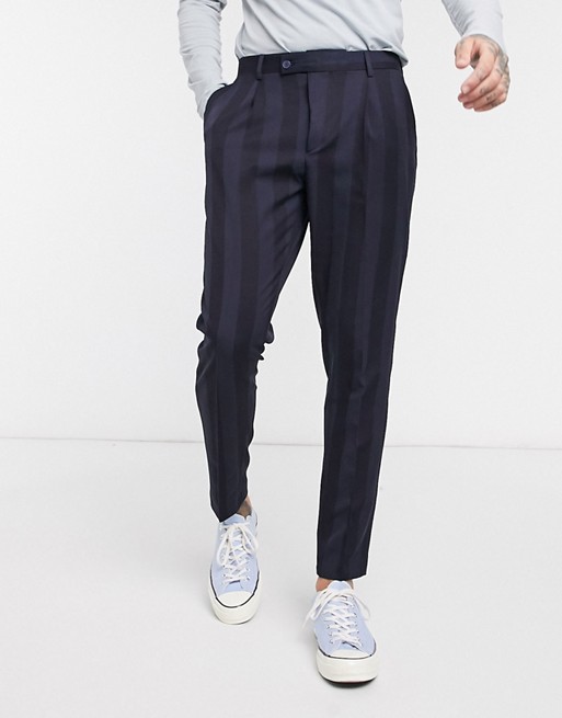 boohooMAN tonal stripe smart pleat front trouser in blue