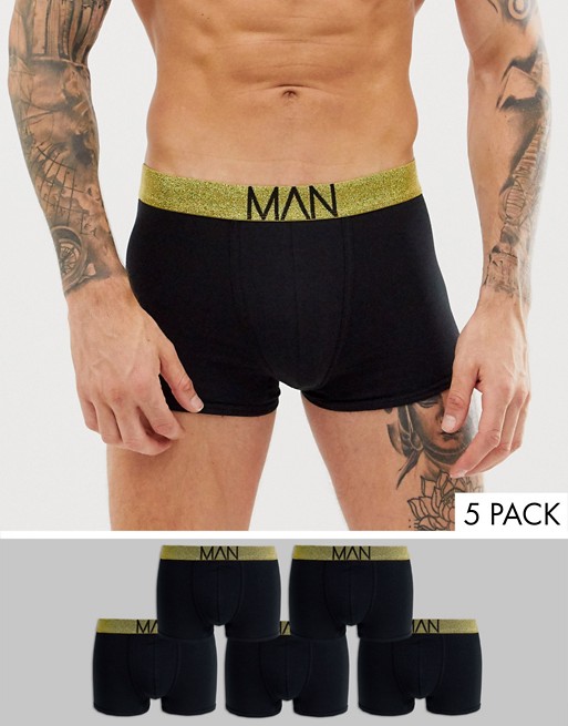 boohooMAN trunks with gold band in black 5 pack