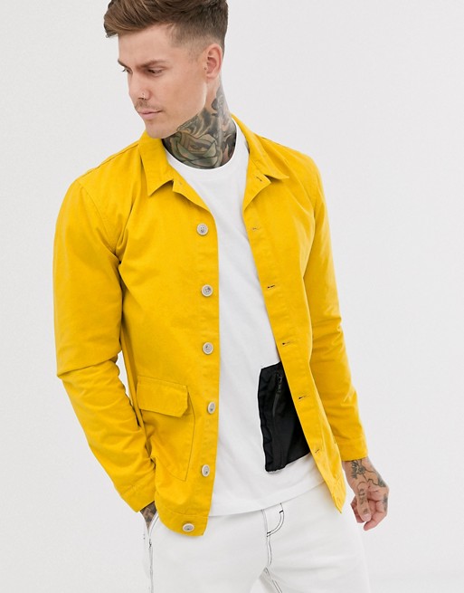 boohooMAN twill shacket with double pockets in mustard