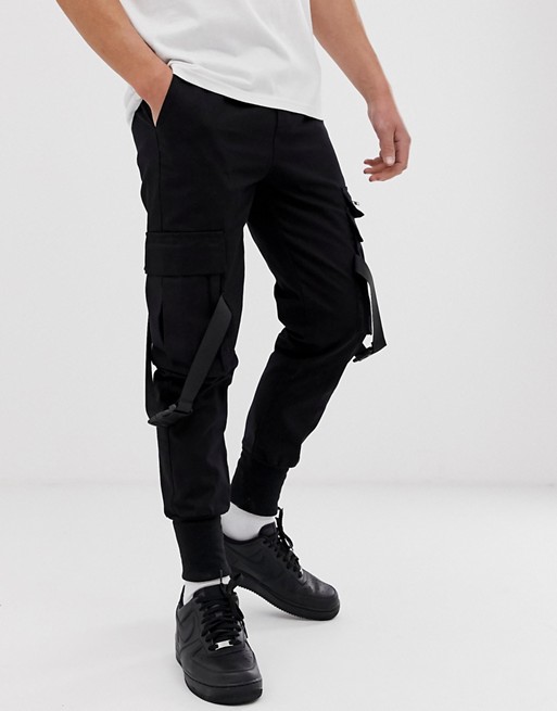 boohooMAN utility cargo trousers in black