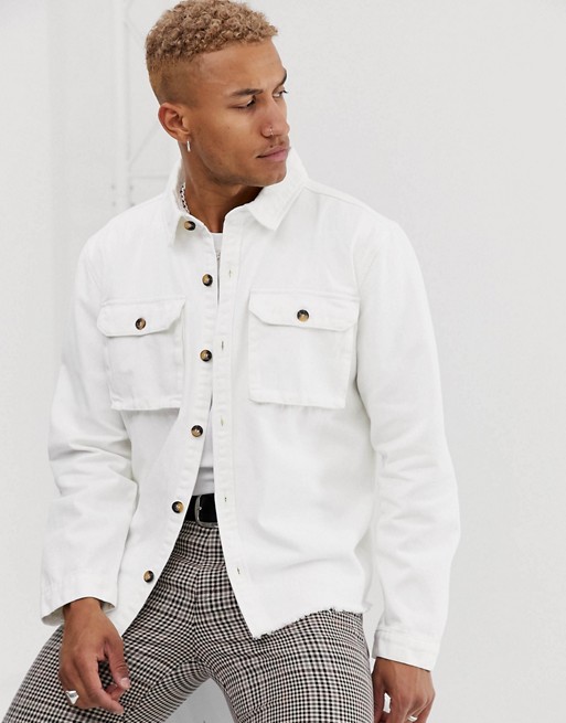 boohooMAN utility over shirt with raw hem in white