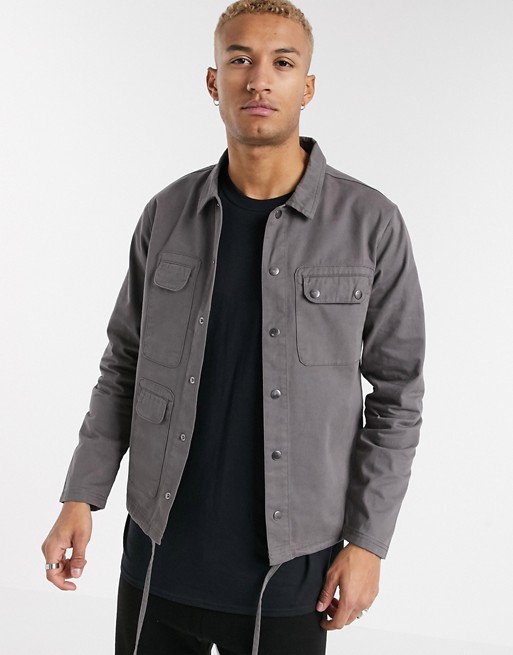 boohooMAN utility shacket with drawcords in grey