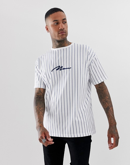 boohooMAN vertical stripe t-shirt with man print in white | ASOS