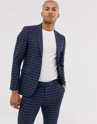 BoohooMAN window pane check skinny fit suit jacket in blue Blue
