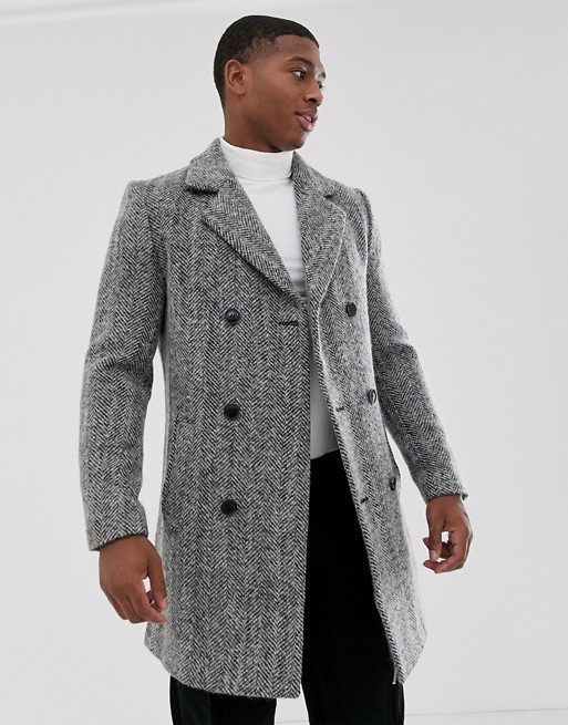 boohooMAN wool blend double breasted overcoat in grey