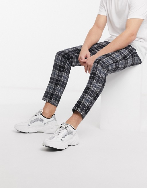 boohooMAN wool look check smart cropped jogger in blue