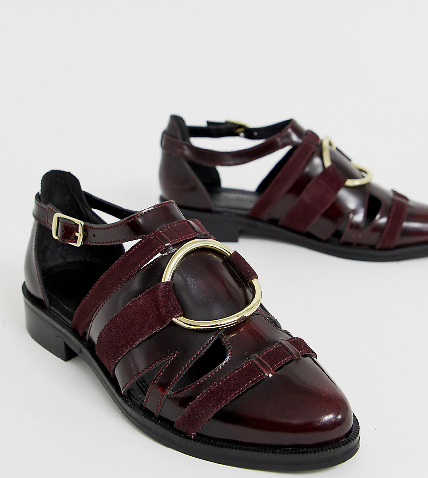 Bordeauxfarvede flade sko med bred pasform i læder fra ASOS DESIGN-Rød