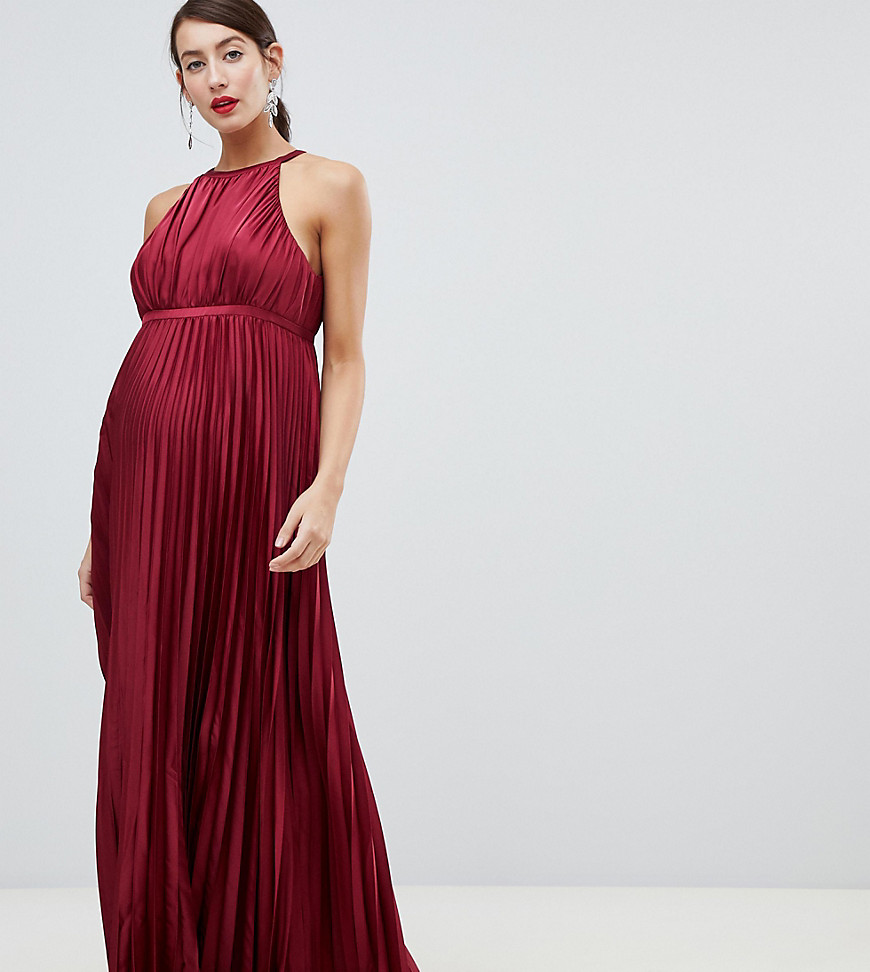 фото Бордовое атласное платье макси с высоким воротом для беременных chi chi london maternity-красный