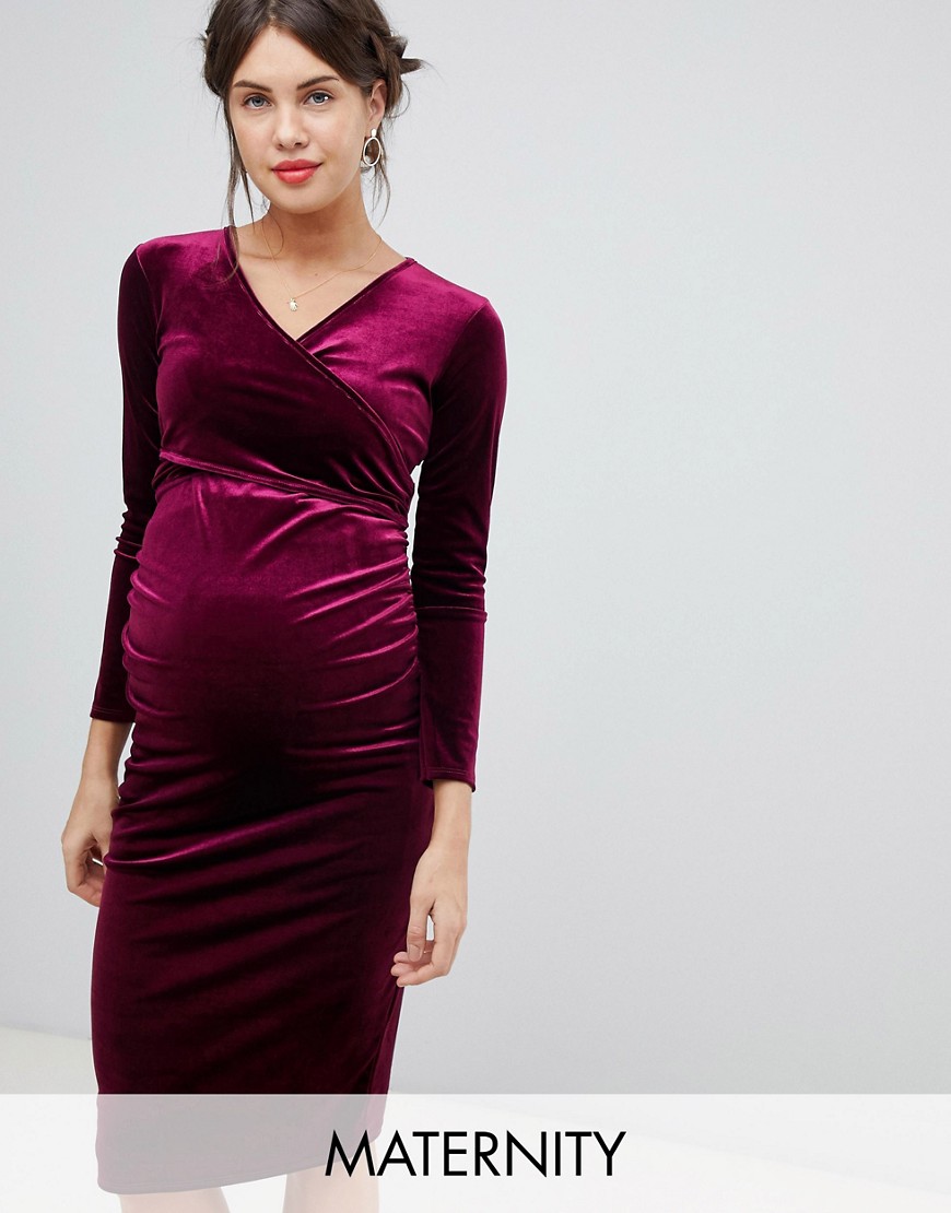 фото Бордовое бархатное платье с глубоким вырезом и длинными рукавами bluebelle maternity-красный