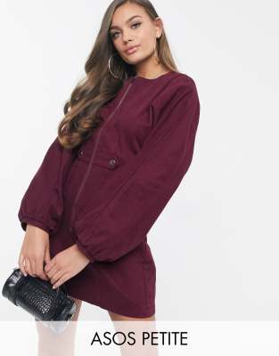 фото Бордовое джинсовое платье мини с пышными рукавами asos design petite-фиолетовый asos petite