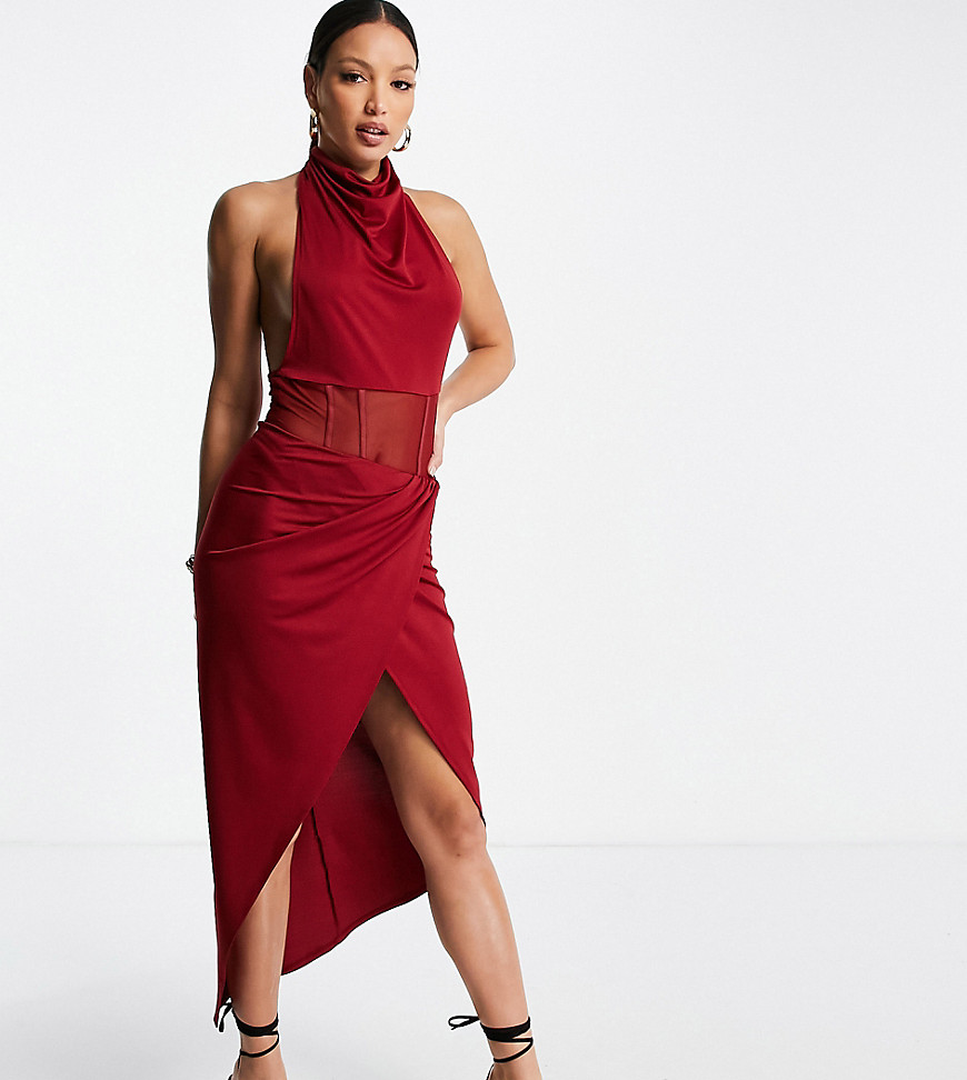 Бордовое платье миди с корсетной вставкой из сетки и свободным воротом ASOS DESIGN Tall-Красный Asos Tall 109711100