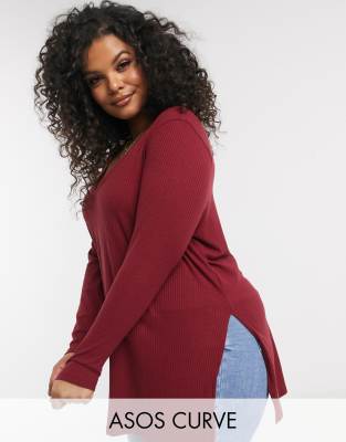 фото Бордовый длинный топ в рубчик с разрезами по бокам asos design curve-зеленый asos curve