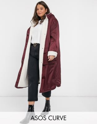 фото Бордовый дождевик макси с подкладкой из искусственного меха asos design curve-красный asos curve