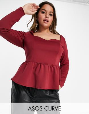 фото Бордовый топ с длинными рукавами и баской asos design curve-красный asos curve