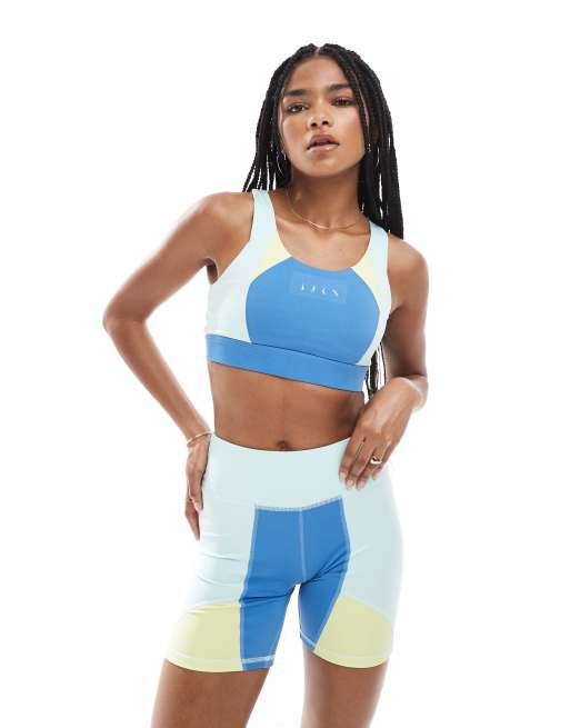 Born Living Yoga – Darana – Sport-BH in Celadon-Blau/Wave-Blau/Gelbgrün mit hoher Stützfunktion