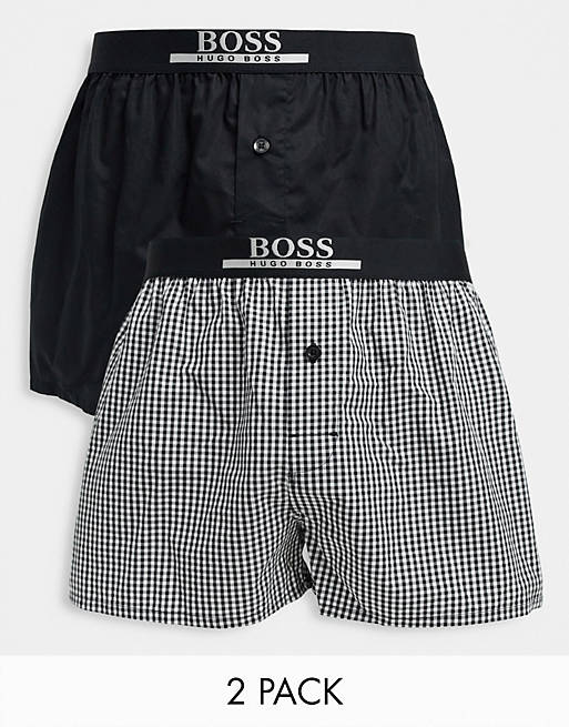 BOSS 2 pack woven check and plain boxers in black and grey