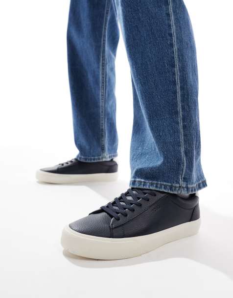 BOSS Aiden logo contrast heel leather trainers in navy - view 1
