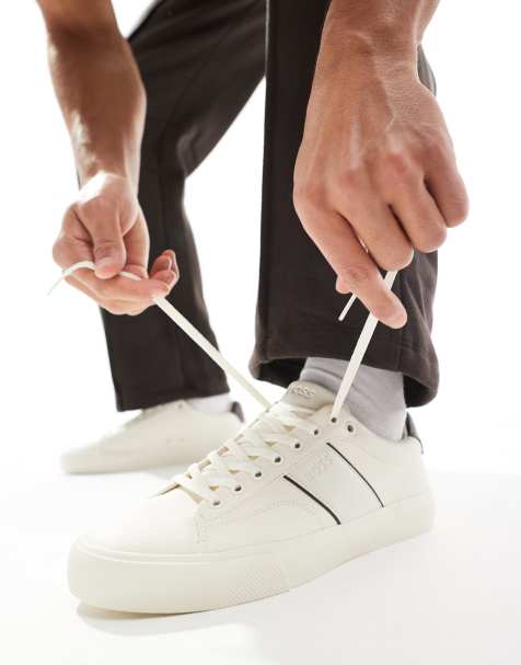 BOSS aiden plimsoll trainers in white and brown - view 1