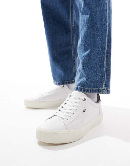 BOSS - Aiden - Sneakers bianche in pelle con logo a contrasto sul tallone, 3 di 5
