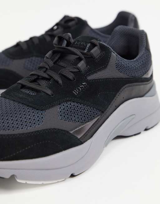 BOSS Ardical Runn leather trainers with reflective detail in black | ASOS