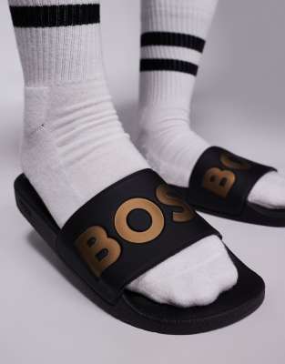 Hugo Boss Italian-made Slides With Large Logo Detail In Black