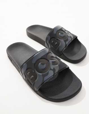 Hugo Boss Boss Aryeh Logo Camo Print Pool Slides In Black