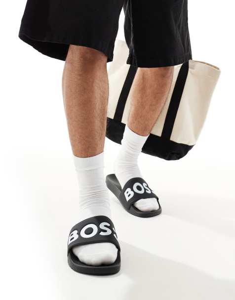 BOSS Aryeh logo pool sliders in black/white - view 1