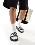 [BOSS Orange] BOSS Aryeh logo pool sliders in black/white 40 Black/ white