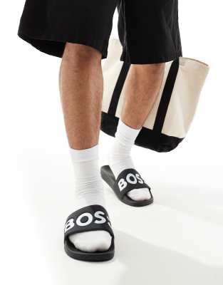 BOSS Aryeh logo pool slides in black/white